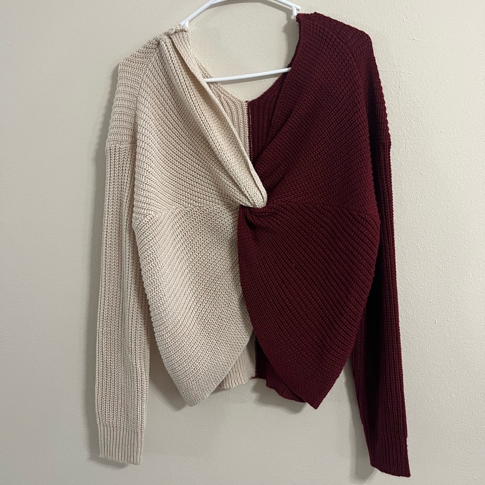 Two-Tone Knit Sweater - Cream and Burgundy